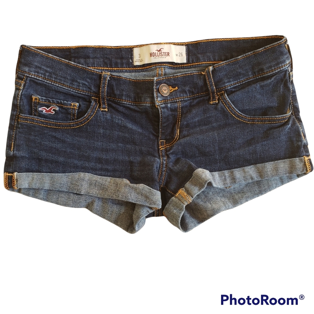Hollister Shorts Denim Dark-Wash Cuffed Low-Rise Sz 3 W26
